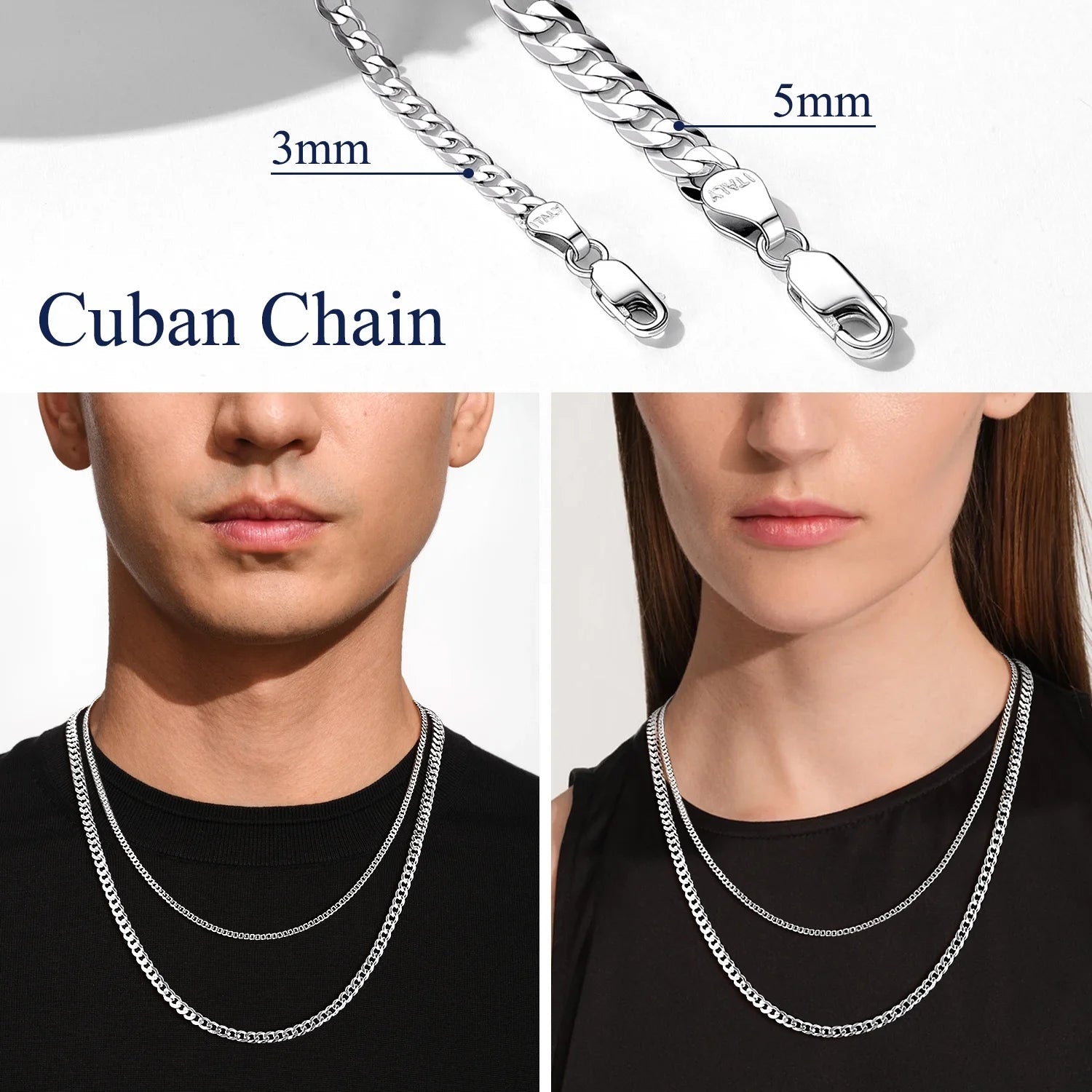 Solid 925 Sterling Silver Chain Necklace, 3Mm Flat Curb Cuban Link Chain for Men Women - thewrightstore