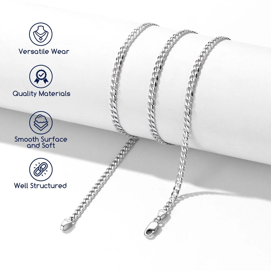 Solid 925 Sterling Silver Chain Necklace, 3Mm Flat Curb Cuban Link Chain for Men Women - thewrightstore