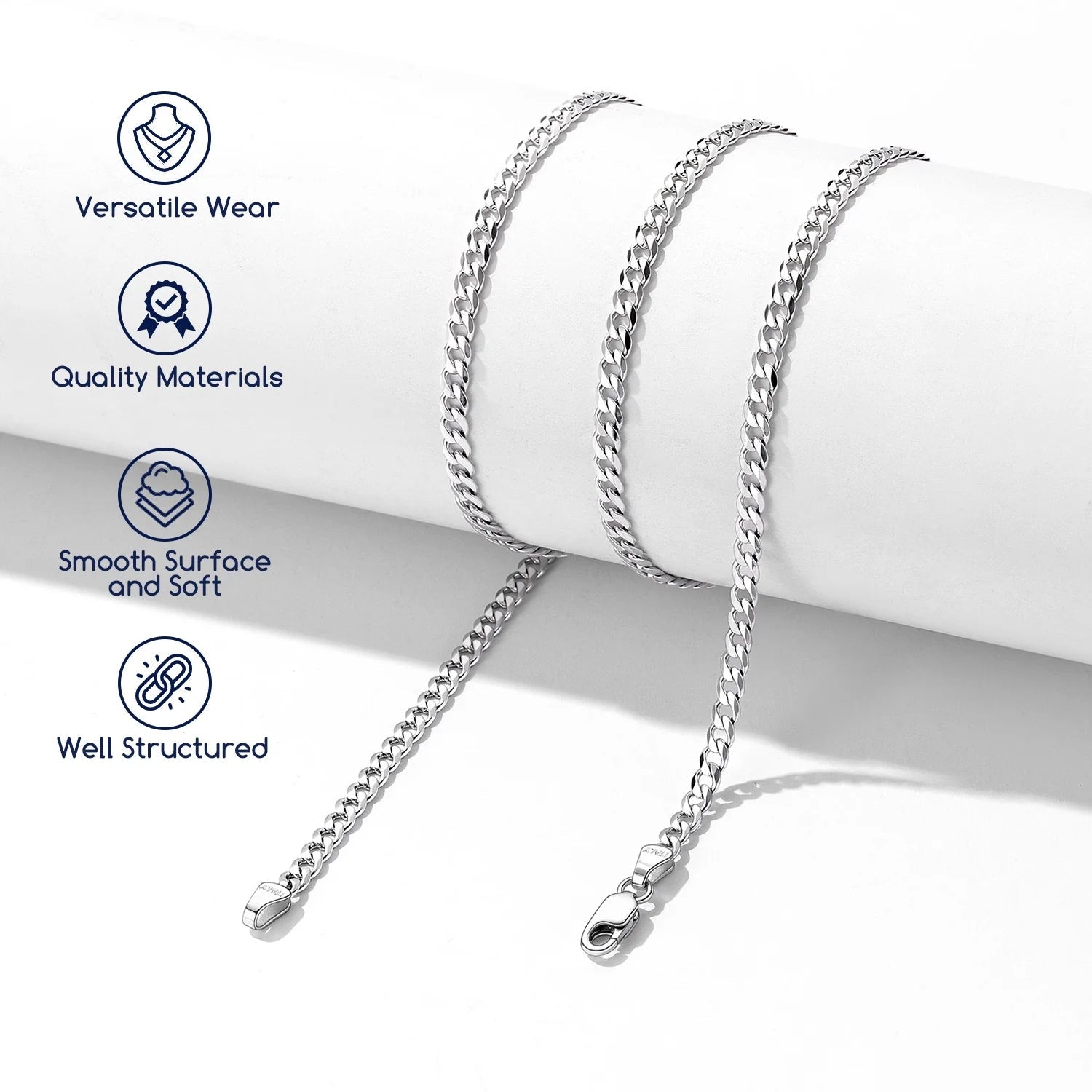 Solid 925 Sterling Silver Chain Necklace, 3Mm Flat Curb Cuban Link Chain for Men Women - thewrightstore