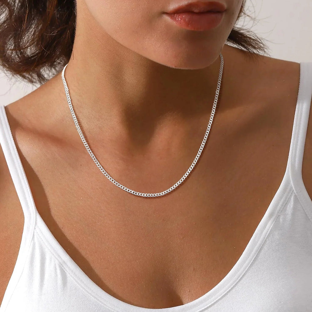 Solid 925 Sterling Silver Chain Necklace, 3Mm Flat Curb Cuban Link Chain for Men Women - thewrightstore