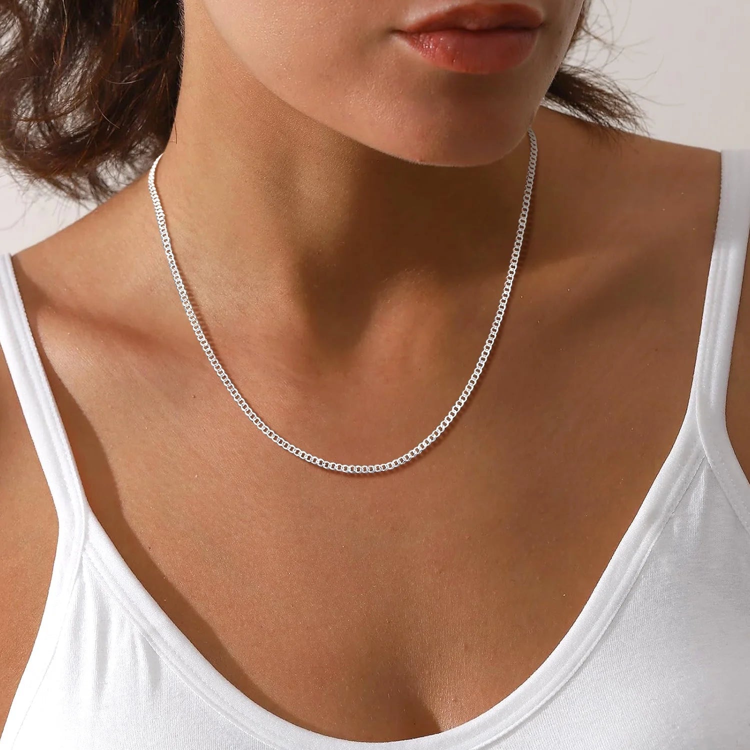 Solid 925 Sterling Silver Chain Necklace, 3Mm Flat Curb Cuban Link Chain for Men Women - thewrightstore