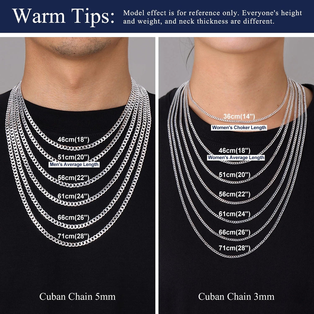 Solid 925 Sterling Silver Chain Necklace, 3Mm Flat Curb Cuban Link Chain for Men Women - thewrightstore