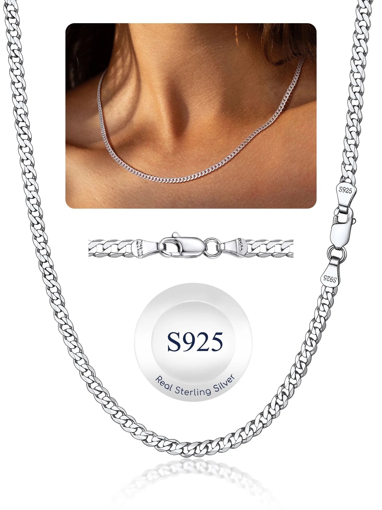 Solid 925 Sterling Silver Chain Necklace, 3Mm Flat Curb Cuban Link Chain for Men Women - thewrightstore