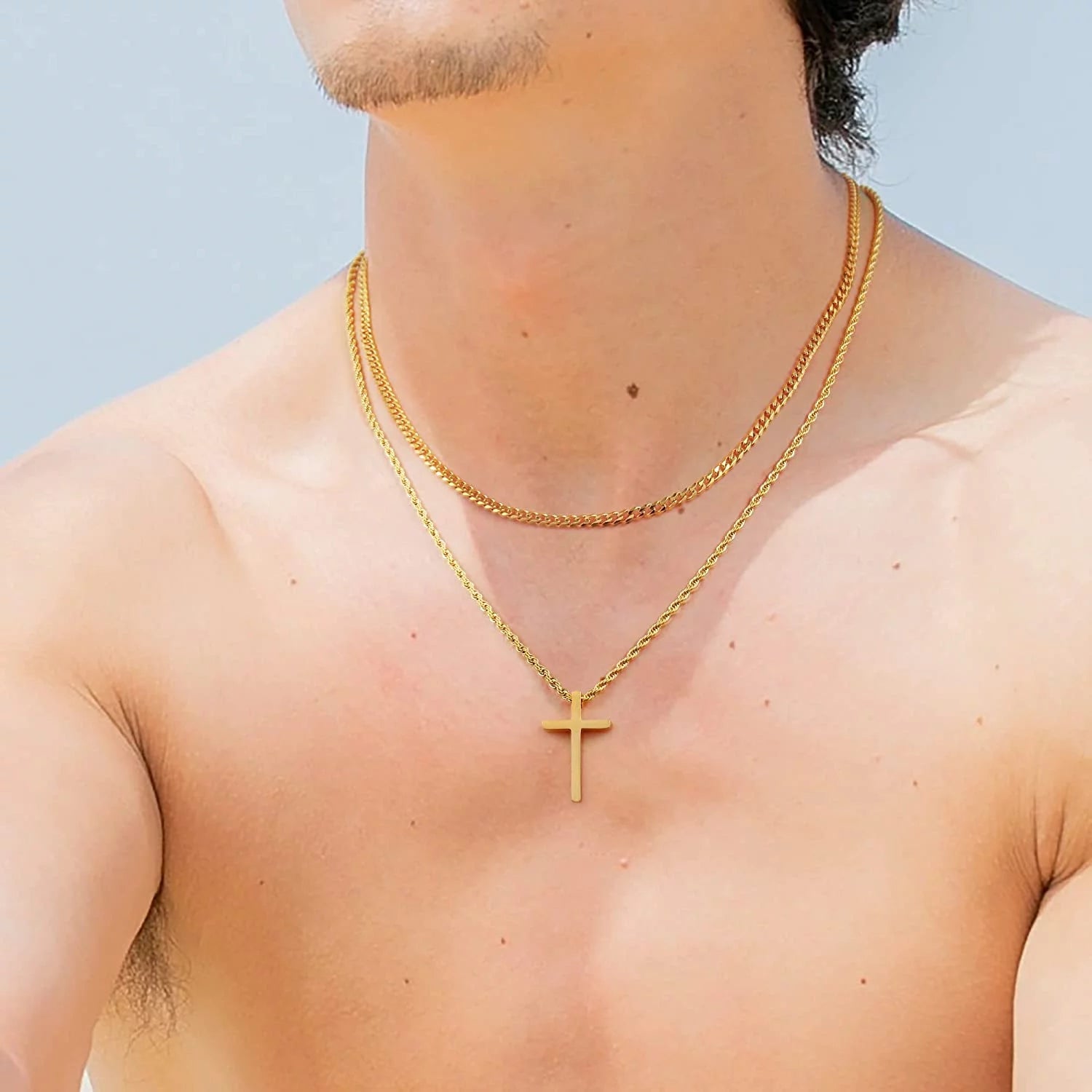 Stainless Steel Cross Necklaces for Men Layered Cuban Link Chain Rope Chain Mens Cross Necklaces Black Silver Gold Cross Pendant Necklace for Men Women 16 - 26 Inches - thewrightstore