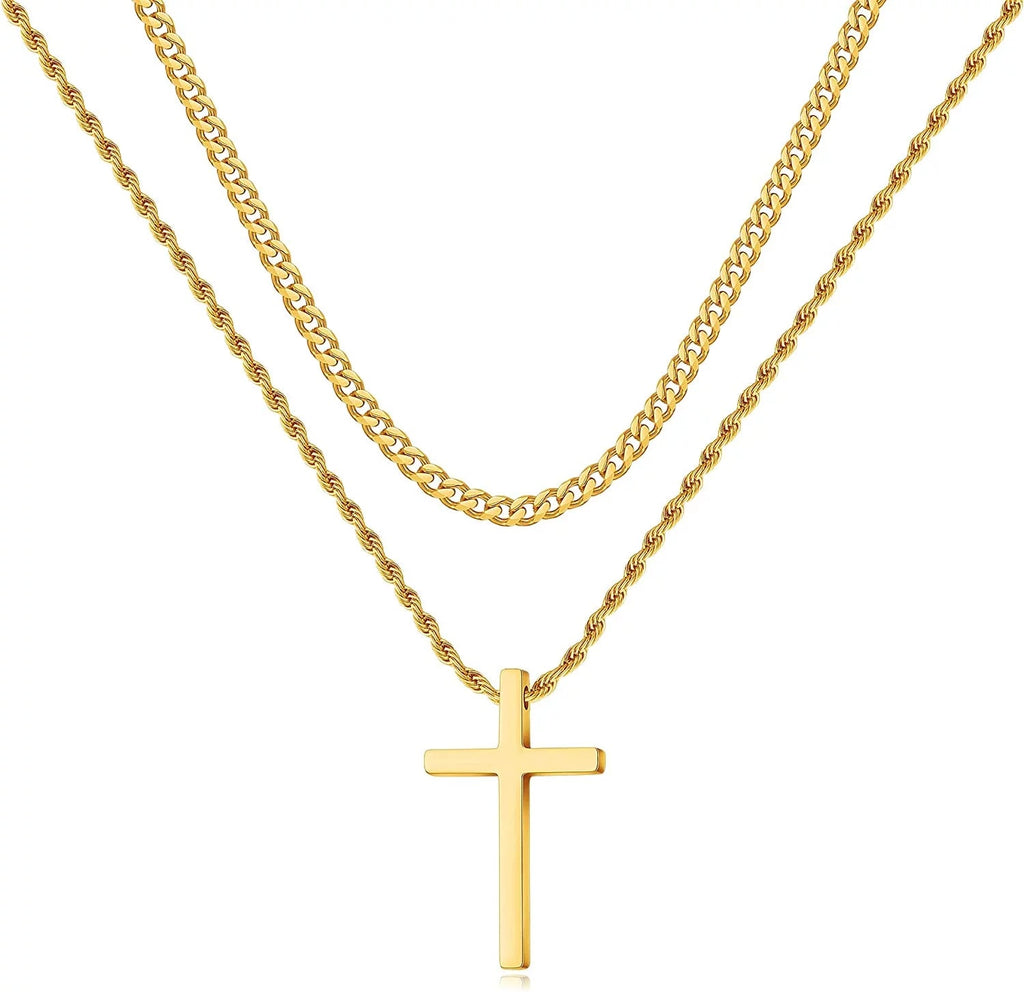 Stainless Steel Cross Necklaces for Men Layered Cuban Link Chain Rope Chain Mens Cross Necklaces Black Silver Gold Cross Pendant Necklace for Men Women 16 - 26 Inches - thewrightstore
