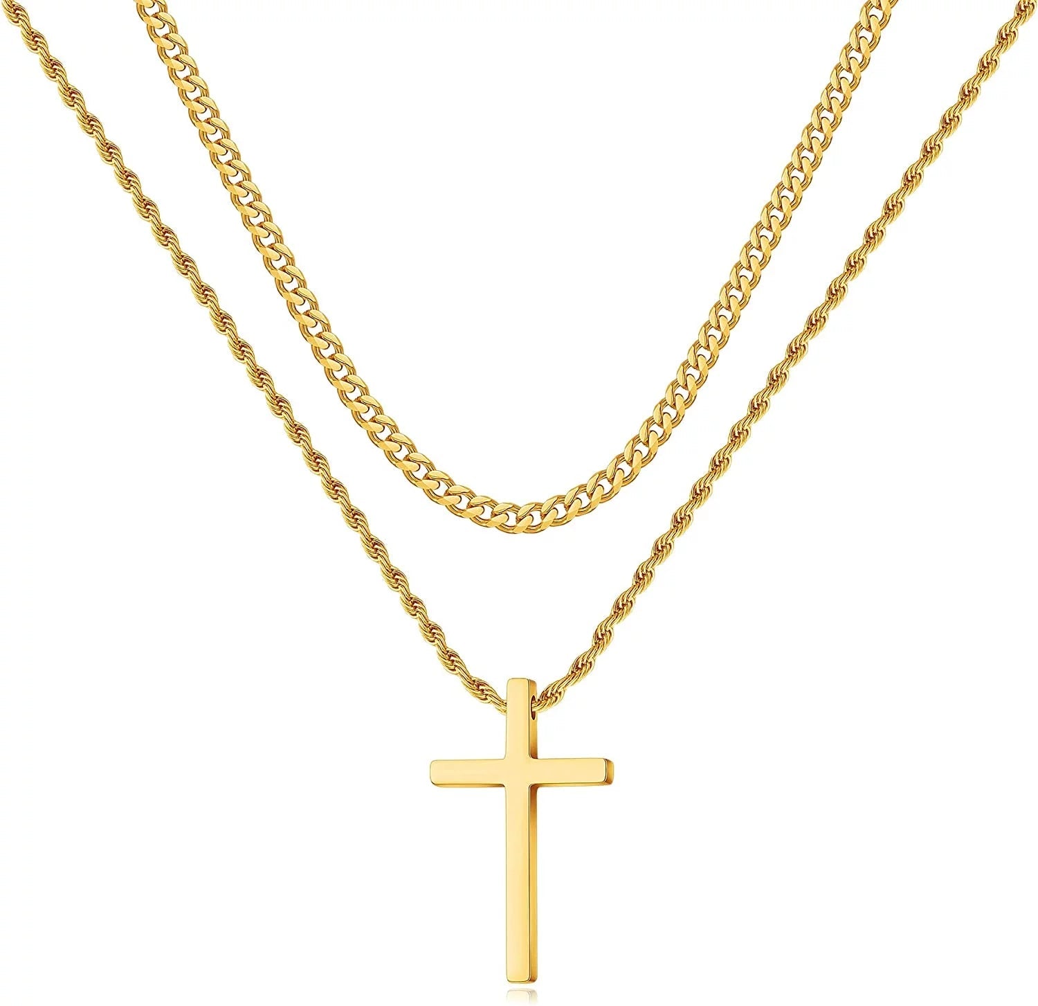 Stainless Steel Cross Necklaces for Men Layered Cuban Link Chain Rope Chain Mens Cross Necklaces Black Silver Gold Cross Pendant Necklace for Men Women 16 - 26 Inches - thewrightstore