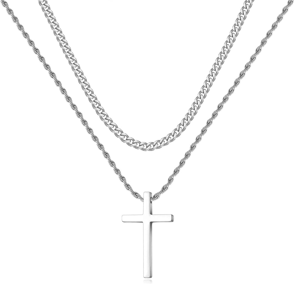 Stainless Steel Cross Necklaces for Men Layered Cuban Link Chain Rope Chain Mens Cross Necklaces Black Silver Gold Cross Pendant Necklace for Men Women 16 - 26 Inches - thewrightstore
