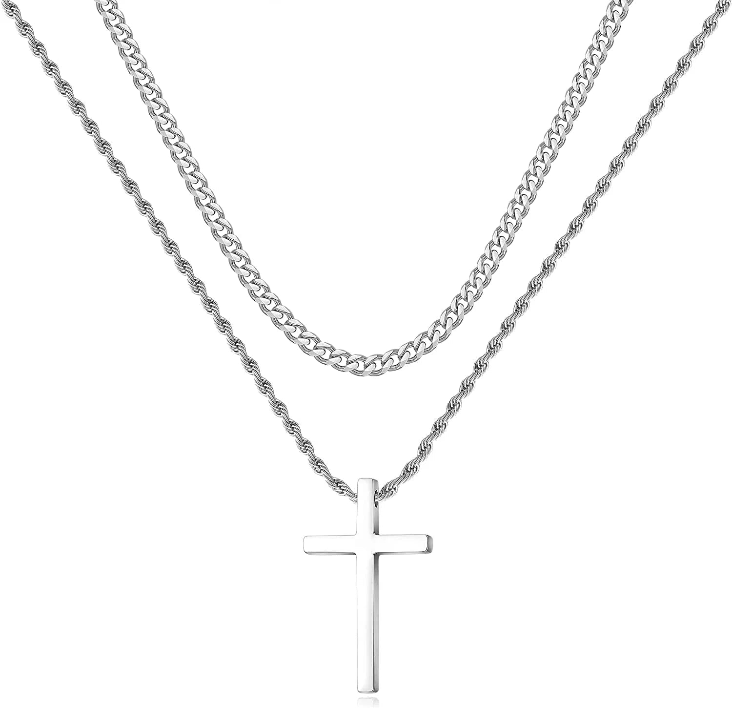 Stainless Steel Cross Necklaces for Men Layered Cuban Link Chain Rope Chain Mens Cross Necklaces Black Silver Gold Cross Pendant Necklace for Men Women 16 - 26 Inches - thewrightstore