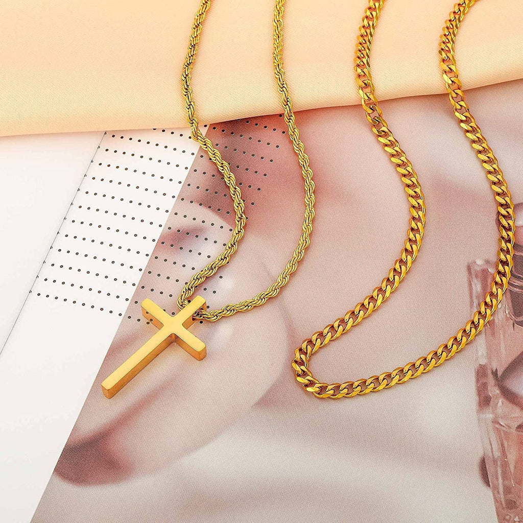 Stainless Steel Cross Necklaces for Men Layered Cuban Link Chain Rope Chain Mens Cross Necklaces Black Silver Gold Cross Pendant Necklace for Men Women 16 - 26 Inches - thewrightstore