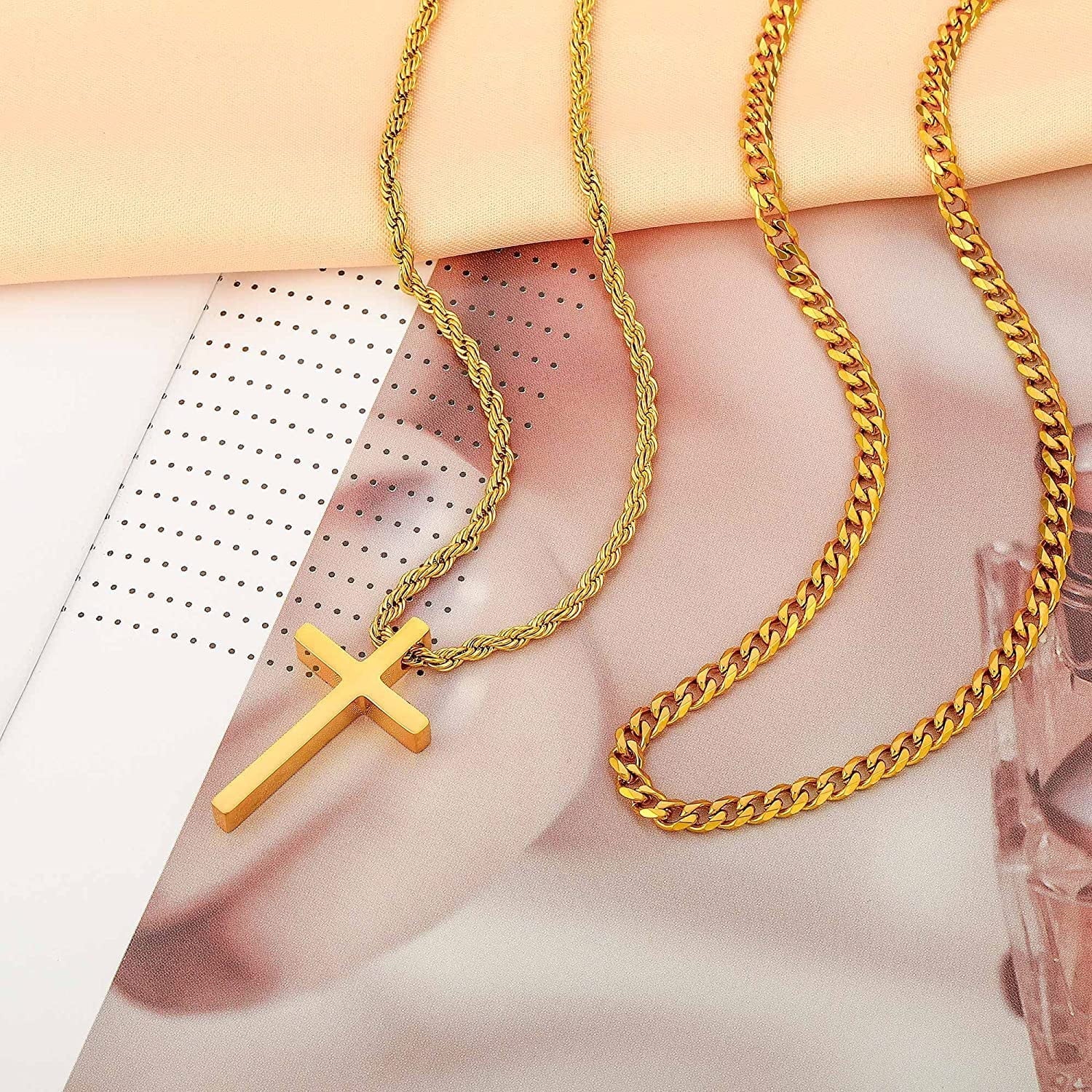 Stainless Steel Cross Necklaces for Men Layered Cuban Link Chain Rope Chain Mens Cross Necklaces Black Silver Gold Cross Pendant Necklace for Men Women 16 - 26 Inches - thewrightstore