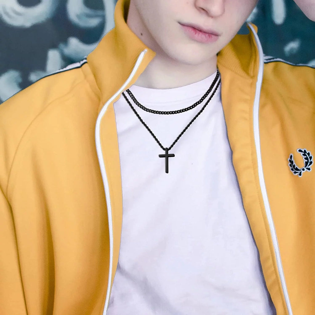 Stainless Steel Cross Necklaces for Men Layered Cuban Link Chain Rope Chain Mens Cross Necklaces Black Silver Gold Cross Pendant Necklace for Men Women 16 - 26 Inches - thewrightstore