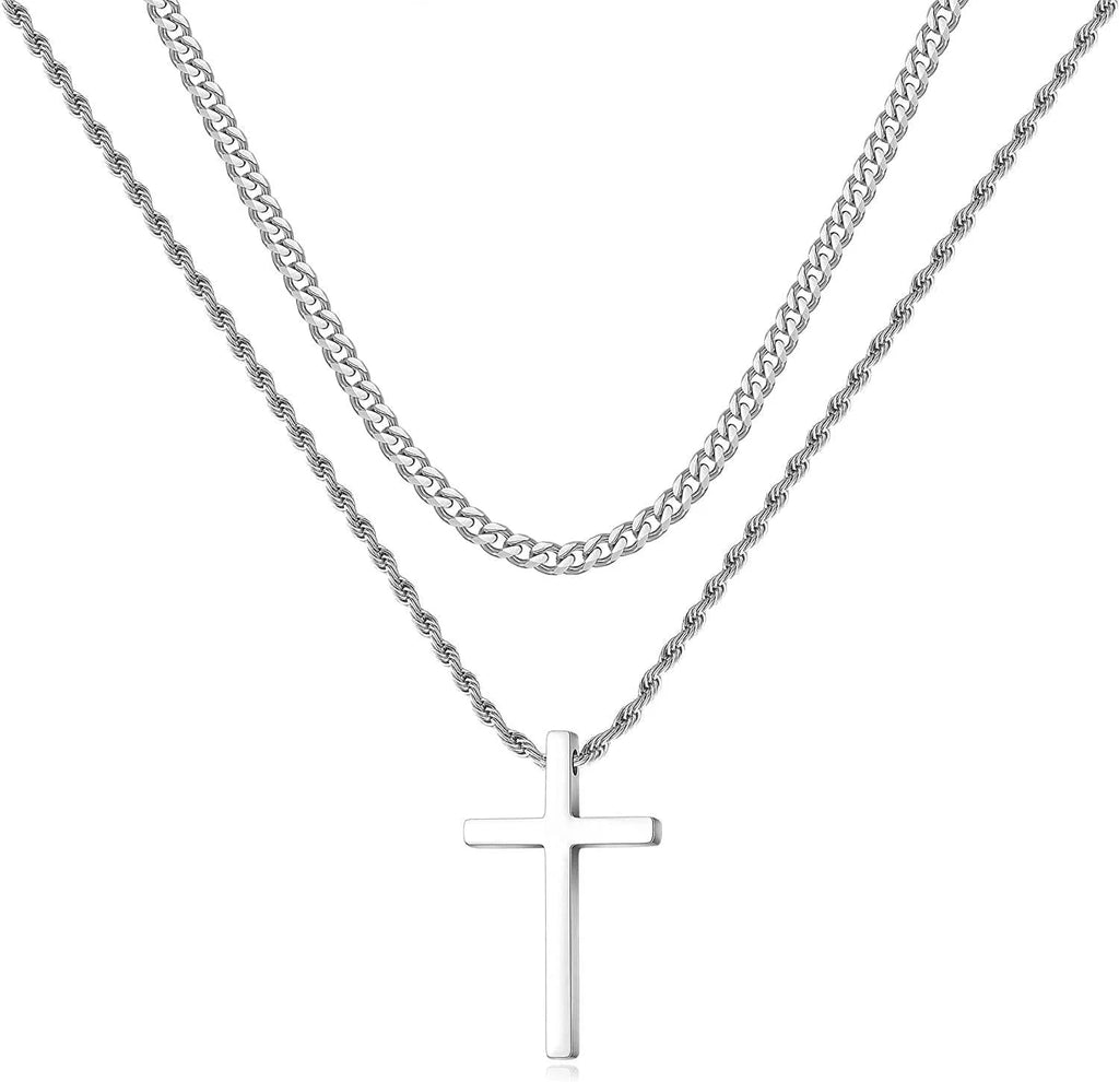 Stainless Steel Cross Necklaces for Men Layered Cuban Link Chain Rope Chain Mens Cross Necklaces Black Silver Gold Cross Pendant Necklace for Men Women 16 - 26 Inches - thewrightstore