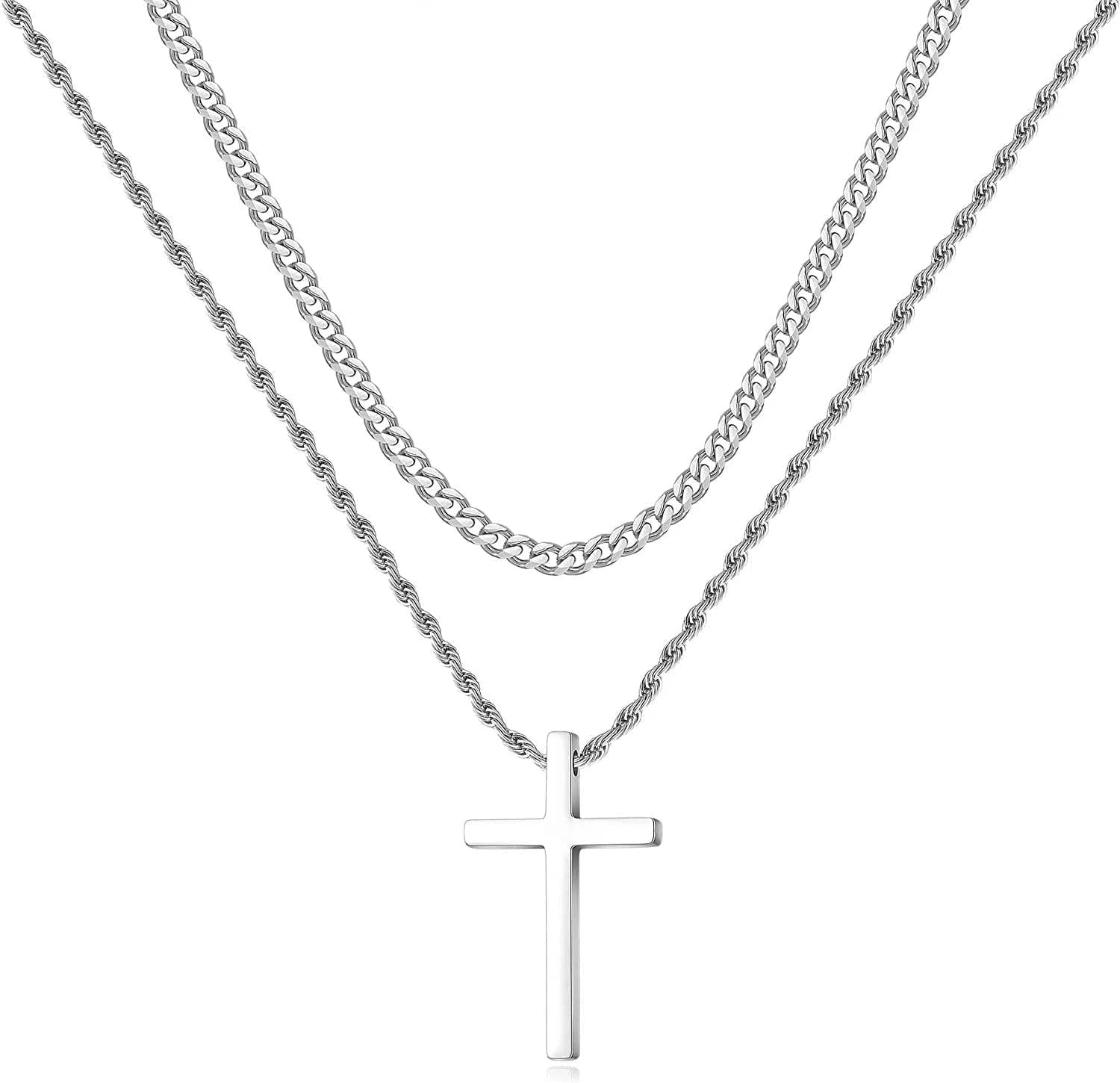 Stainless Steel Cross Necklaces for Men Layered Cuban Link Chain Rope Chain Mens Cross Necklaces Black Silver Gold Cross Pendant Necklace for Men Women 16 - 26 Inches - thewrightstore