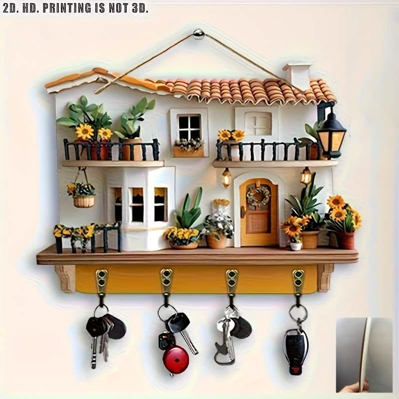 Sunflower Cottage Wooden Key Holder – 4 Hooks, Wall Decor (Boho Style) - thewrightstore