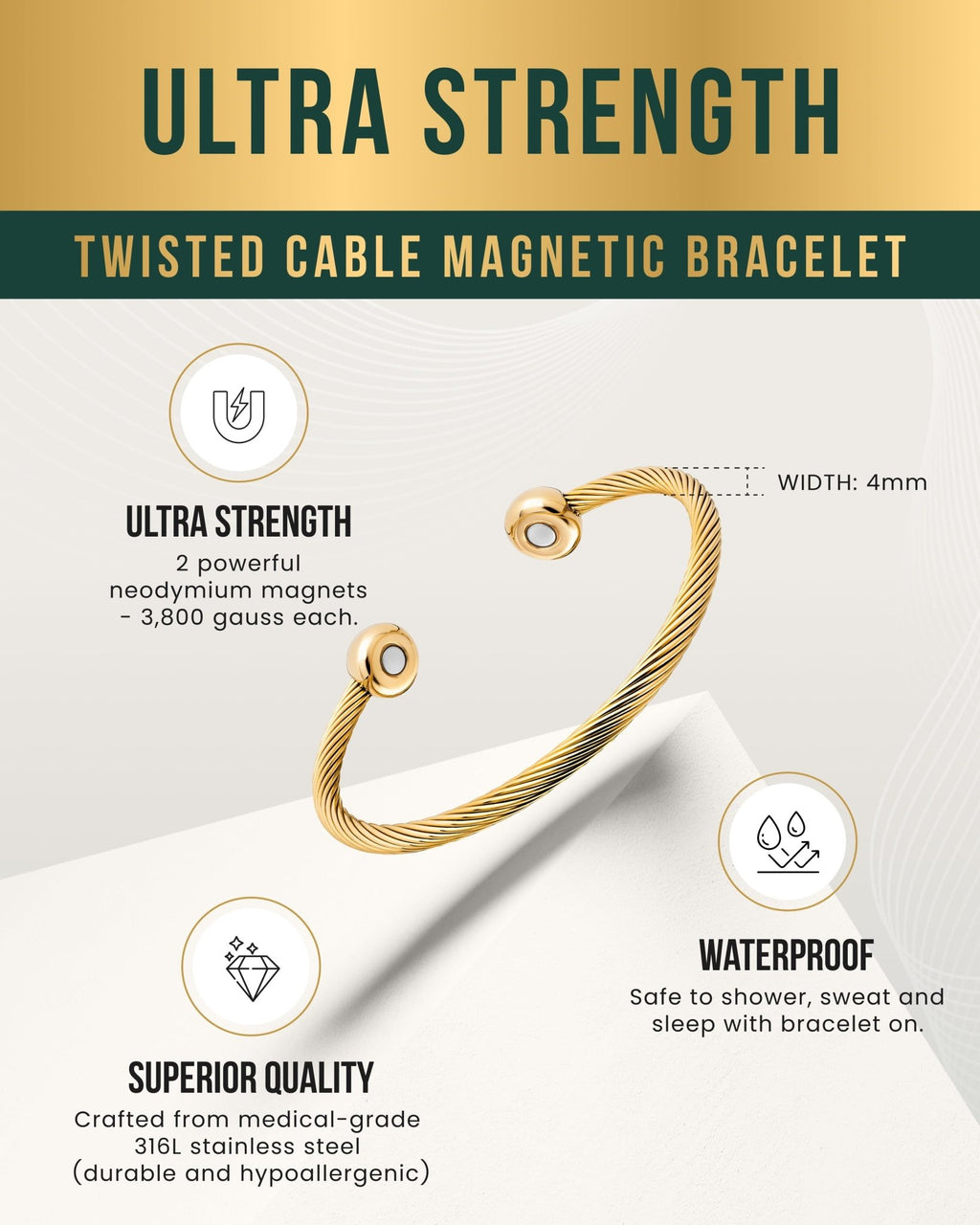 Twisted Cable Magnetic Bracelet Cuff (Gold) - thewrightstore