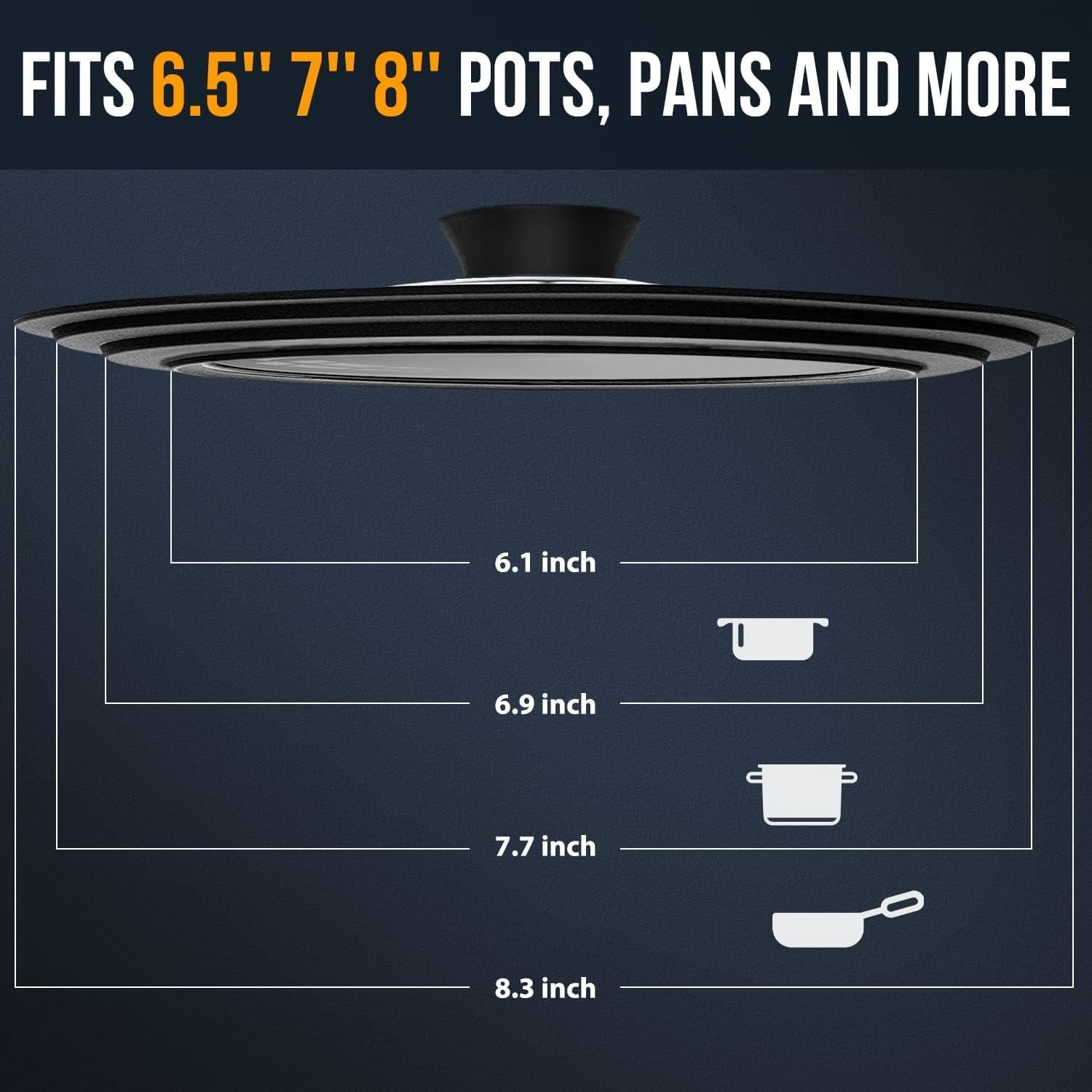 Universal Tempered Glass Lid for Cookware - Fits 6.5", 7", and 8" Diameter Pots, Pans, and Skillets with Heat-Resistant Silicone Rim - thewrightstore