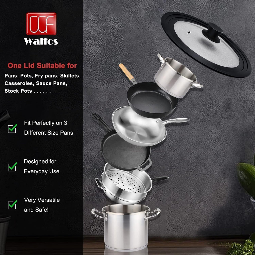Universal Tempered Glass Lid for Cookware - Fits 6.5", 7", and 8" Diameter Pots, Pans, and Skillets with Heat-Resistant Silicone Rim - thewrightstore