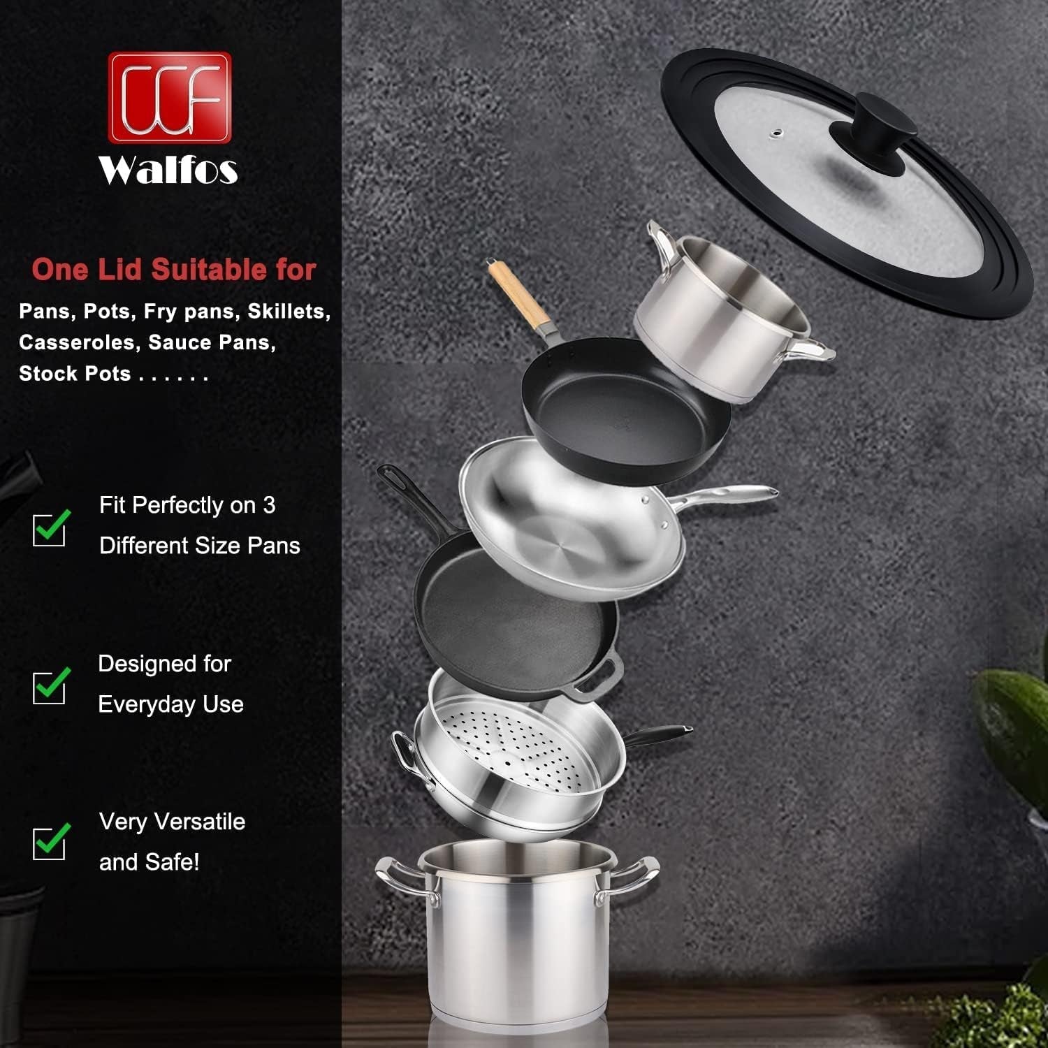 Universal Tempered Glass Lid for Cookware - Fits 6.5", 7", and 8" Diameter Pots, Pans, and Skillets with Heat-Resistant Silicone Rim - thewrightstore