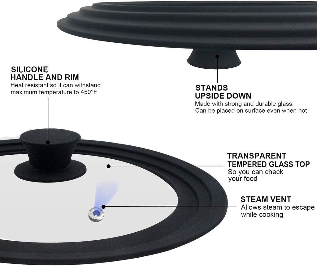 Universal Tempered Glass Lid for Cookware - Fits 6.5", 7", and 8" Diameter Pots, Pans, and Skillets with Heat-Resistant Silicone Rim - thewrightstore
