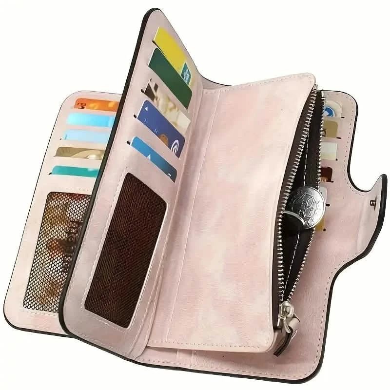 Vintage Faux Leather Long Wallet – Trifold Credit Card Holder with Snap & Zipper - thewrightstore