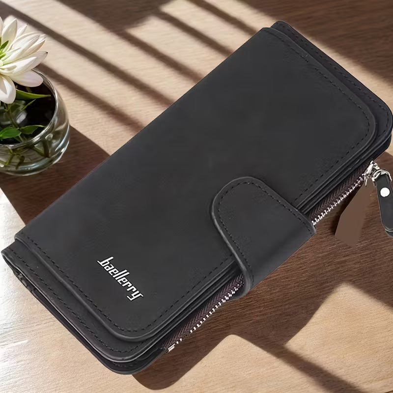 Vintage Faux Leather Long Wallet – Trifold Credit Card Holder with Snap & Zipper - thewrightstore