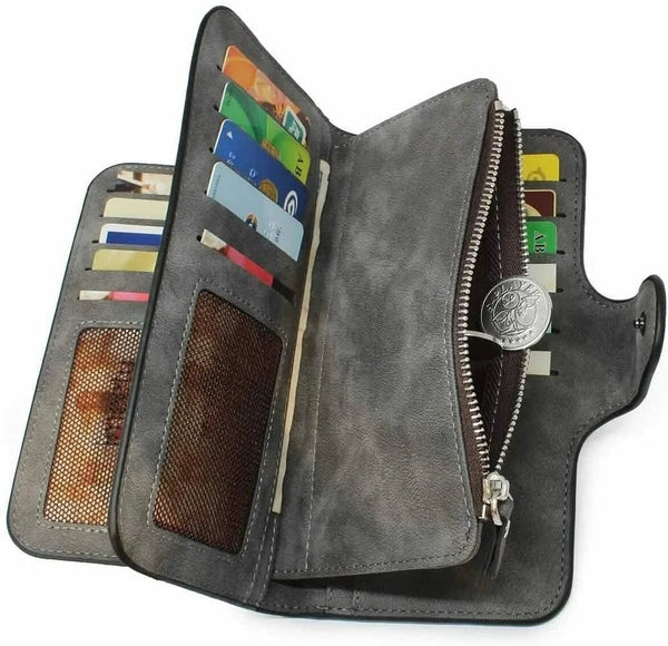 Vintage Faux Leather Long Wallet – Trifold Credit Card Holder with Snap & Zipper - thewrightstore