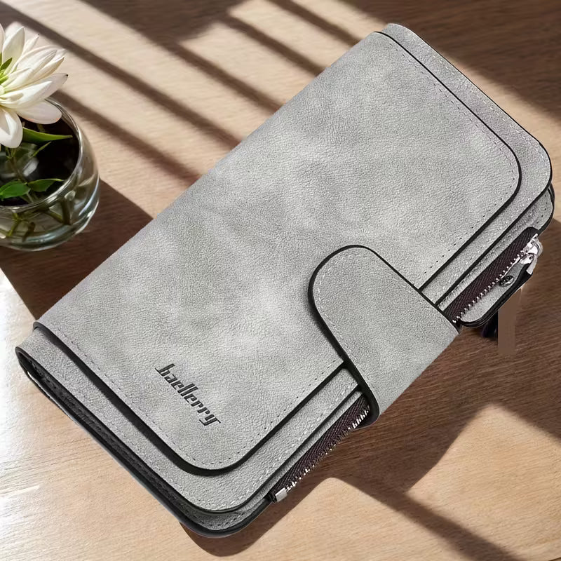 Vintage Faux Leather Long Wallet – Trifold Credit Card Holder with Snap & Zipper - thewrightstore