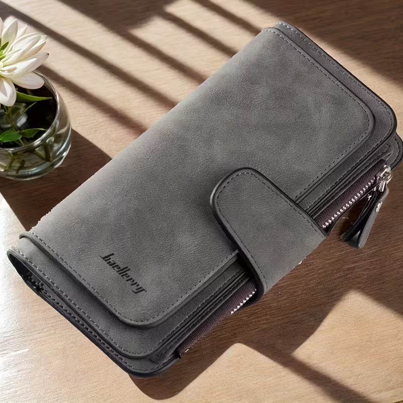 Vintage Faux Leather Long Wallet – Trifold Credit Card Holder with Snap & Zipper - thewrightstore