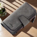 Vintage Faux Leather Long Wallet – Trifold Credit Card Holder with Snap & Zipper - thewrightstore