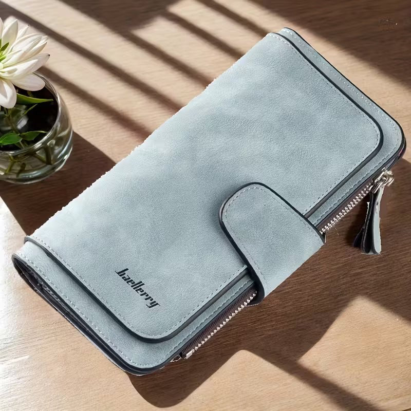 Vintage Faux Leather Long Wallet – Trifold Credit Card Holder with Snap & Zipper - thewrightstore