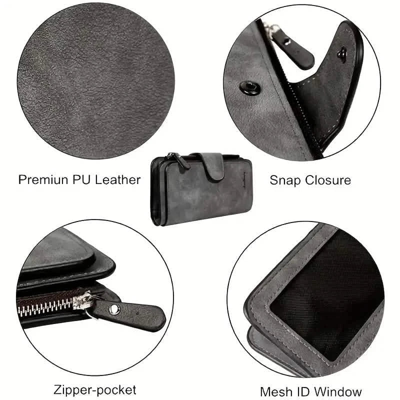 Vintage Faux Leather Long Wallet – Trifold Credit Card Holder with Snap & Zipper - thewrightstore
