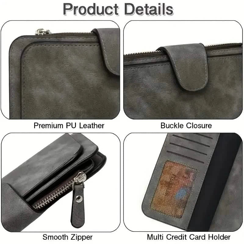 Vintage Faux Leather Long Wallet – Trifold Credit Card Holder with Snap & Zipper - thewrightstore