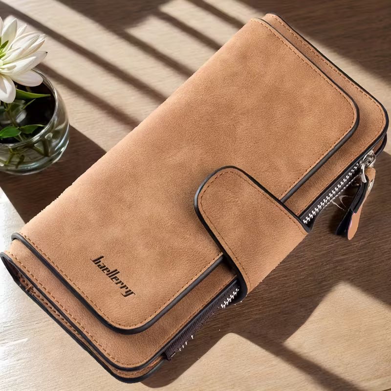 Vintage Faux Leather Long Wallet – Trifold Credit Card Holder with Snap & Zipper - thewrightstore