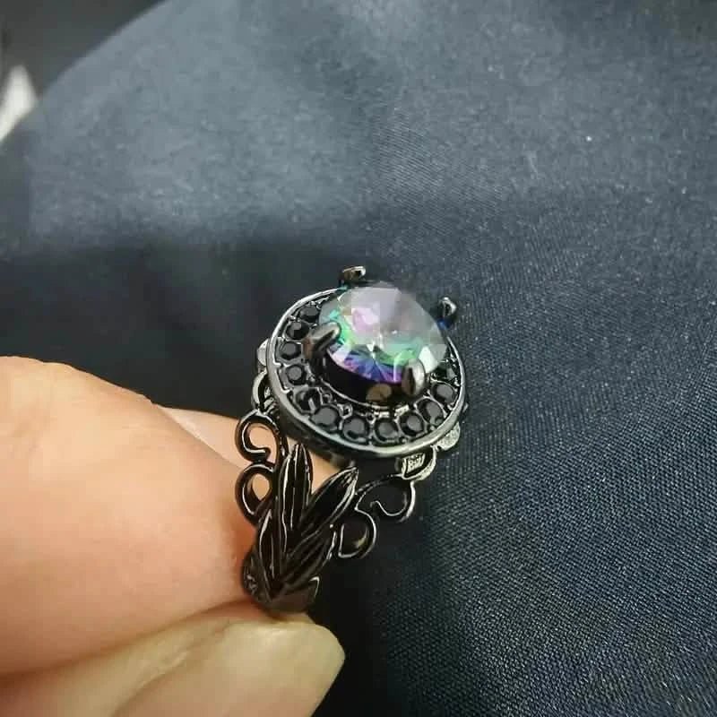 Vintage Gothic Style Synthetic Rainbow Stone Ring with Imitation Black Zirconia - thewrightstore