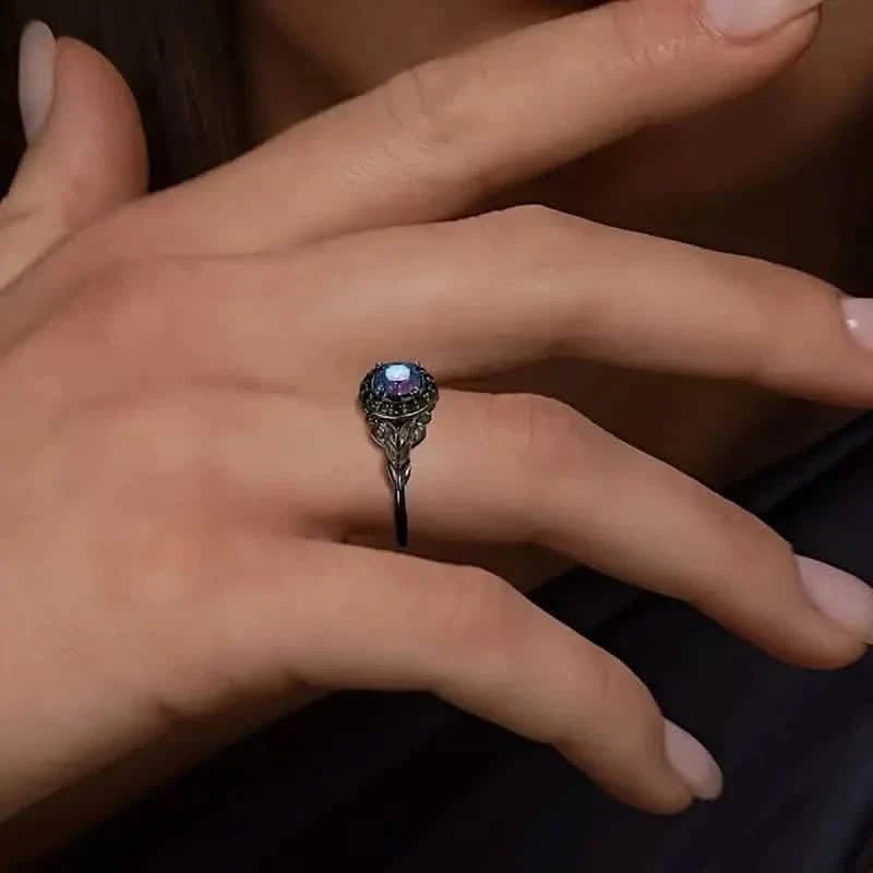 Vintage Gothic Style Synthetic Rainbow Stone Ring with Imitation Black Zirconia - thewrightstore