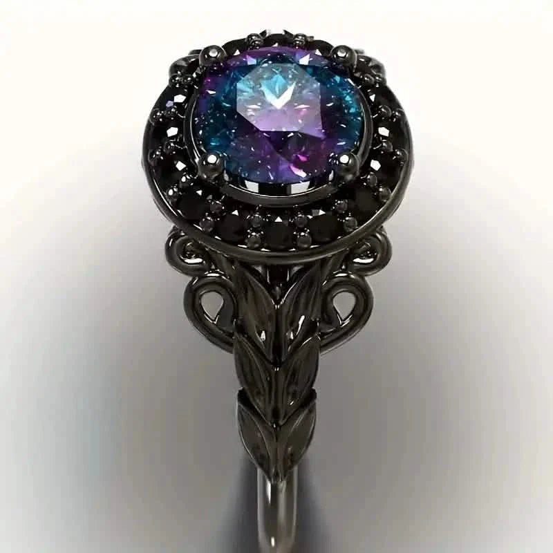 Vintage Gothic Style Synthetic Rainbow Stone Ring with Imitation Black Zirconia - thewrightstore