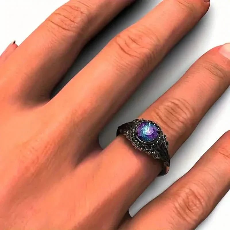Vintage Gothic Style Synthetic Rainbow Stone Ring with Imitation Black Zirconia - thewrightstore