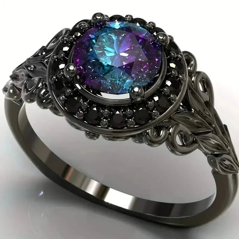 Vintage Gothic Style Synthetic Rainbow Stone Ring with Imitation Black Zirconia - thewrightstore