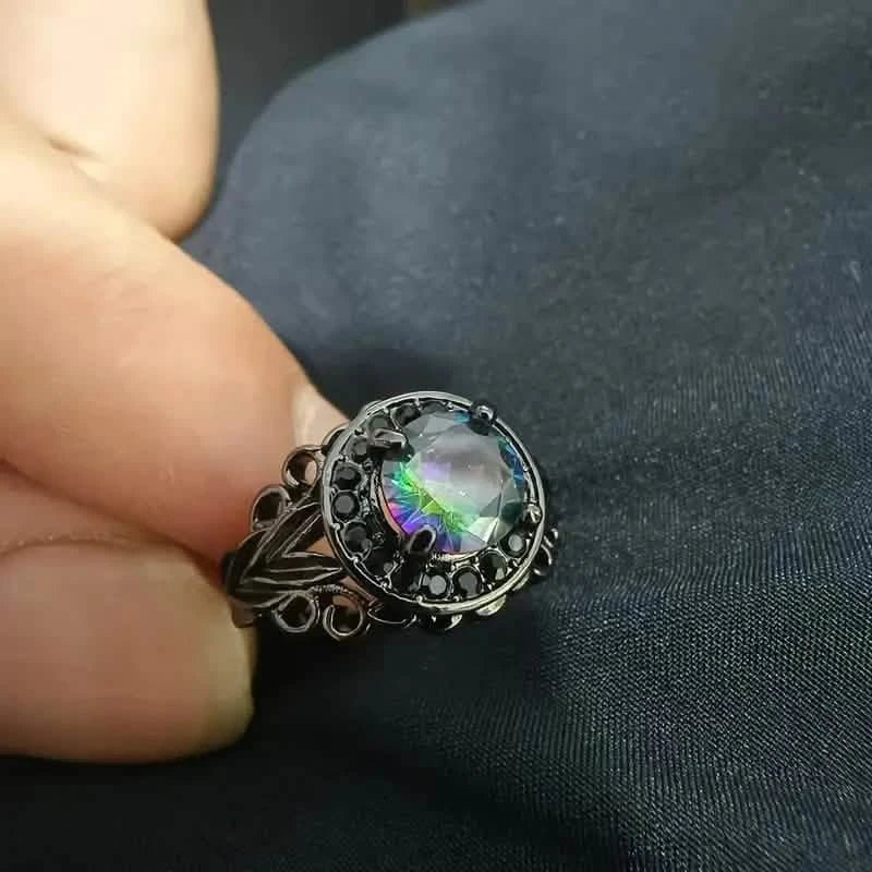 Vintage Gothic Style Synthetic Rainbow Stone Ring with Imitation Black Zirconia - thewrightstore