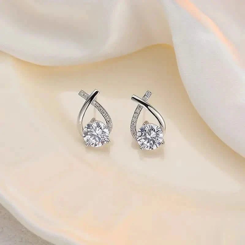 Vintage Style Stud Earrings - Embellished with Rhinestones, Cross Line Design - thewrightstore