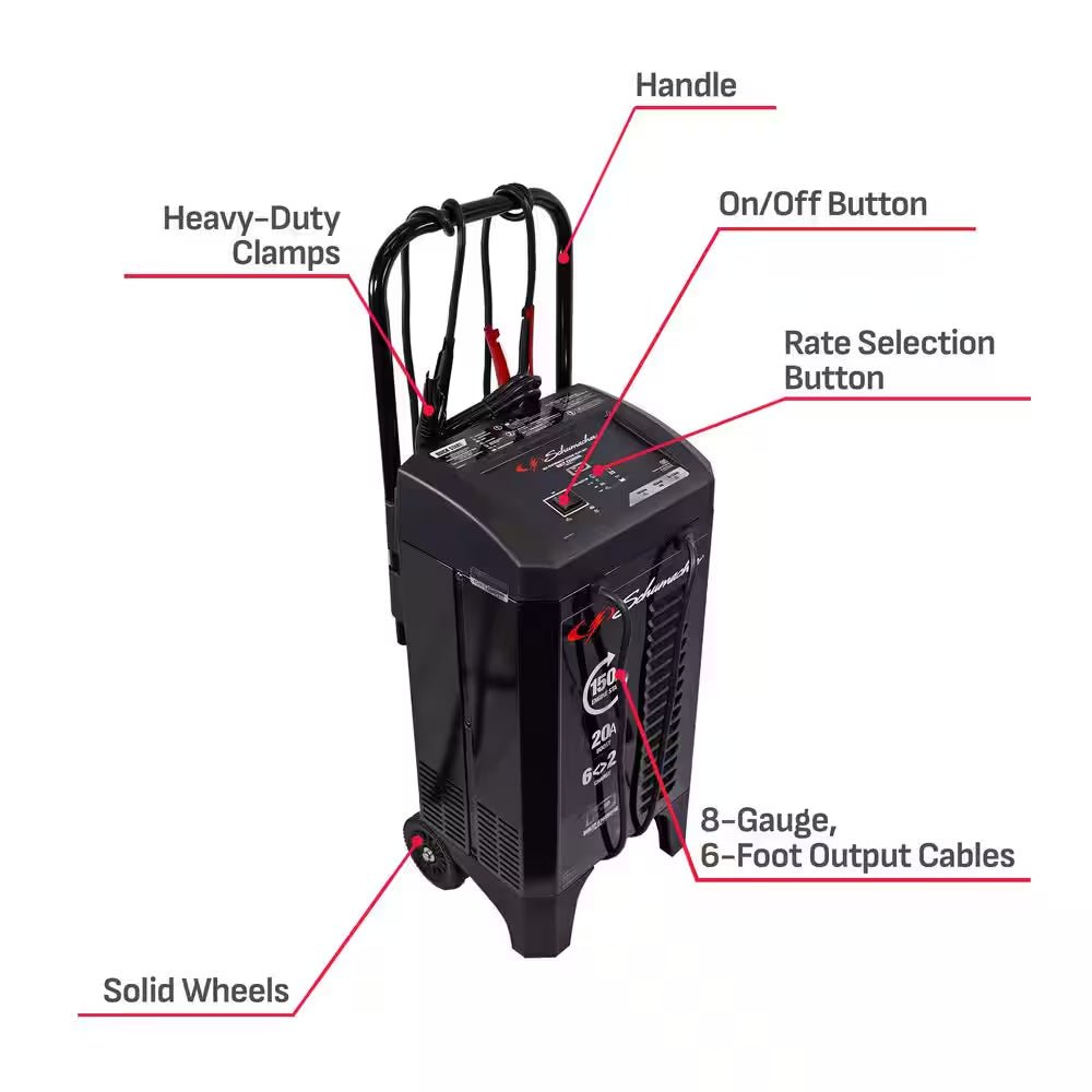 Wheeled Automatic 150A Car Battery Charger and Engine Starter, 20A Boost, 12V for Power Sport, Auto, Marine Batteries - thewrightstore