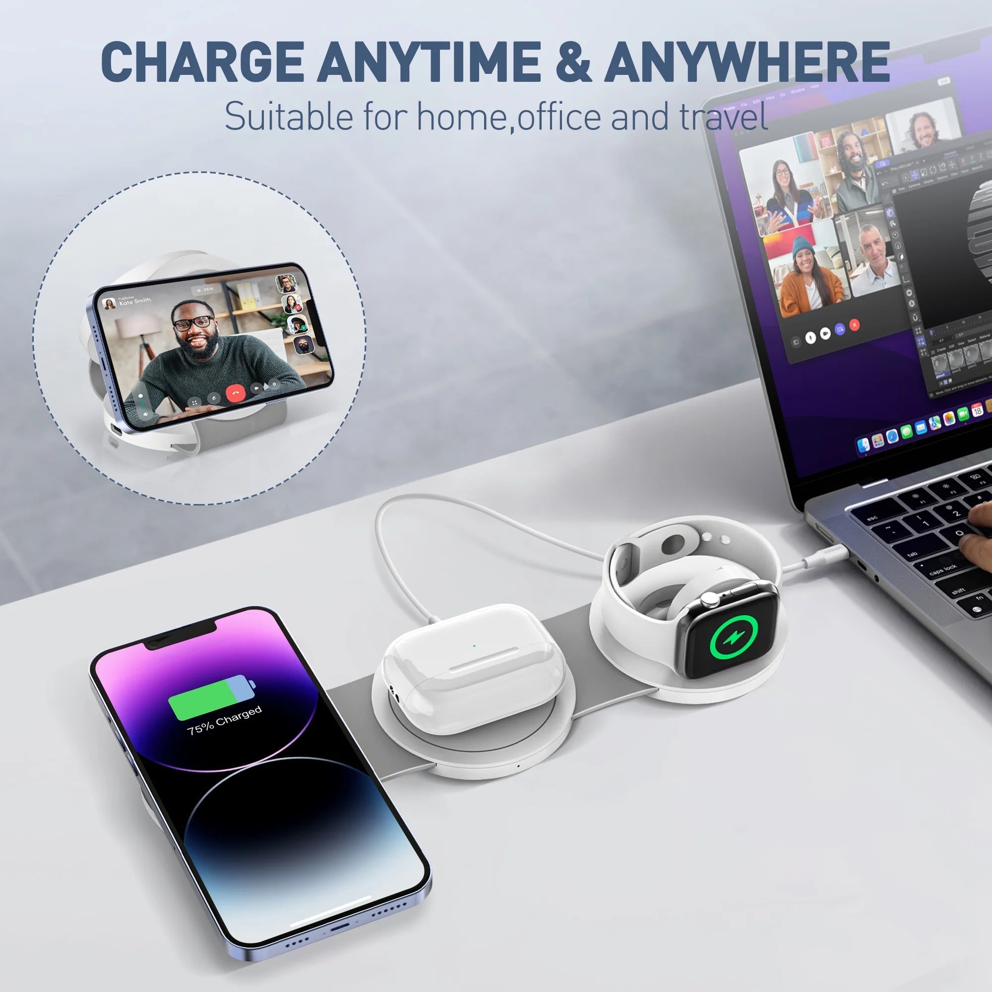Wireless Charger for Iphone, 3 in 1 Charging Station for Iphone Devices, 15W Fast Wireless Charger Stand for Iphone 16 15 14 13 12 Pro Max, Charging Pad for Airpods 3/2/Pro, Iwatch 9/8/7/6/SE/5/4 - thewrightstore