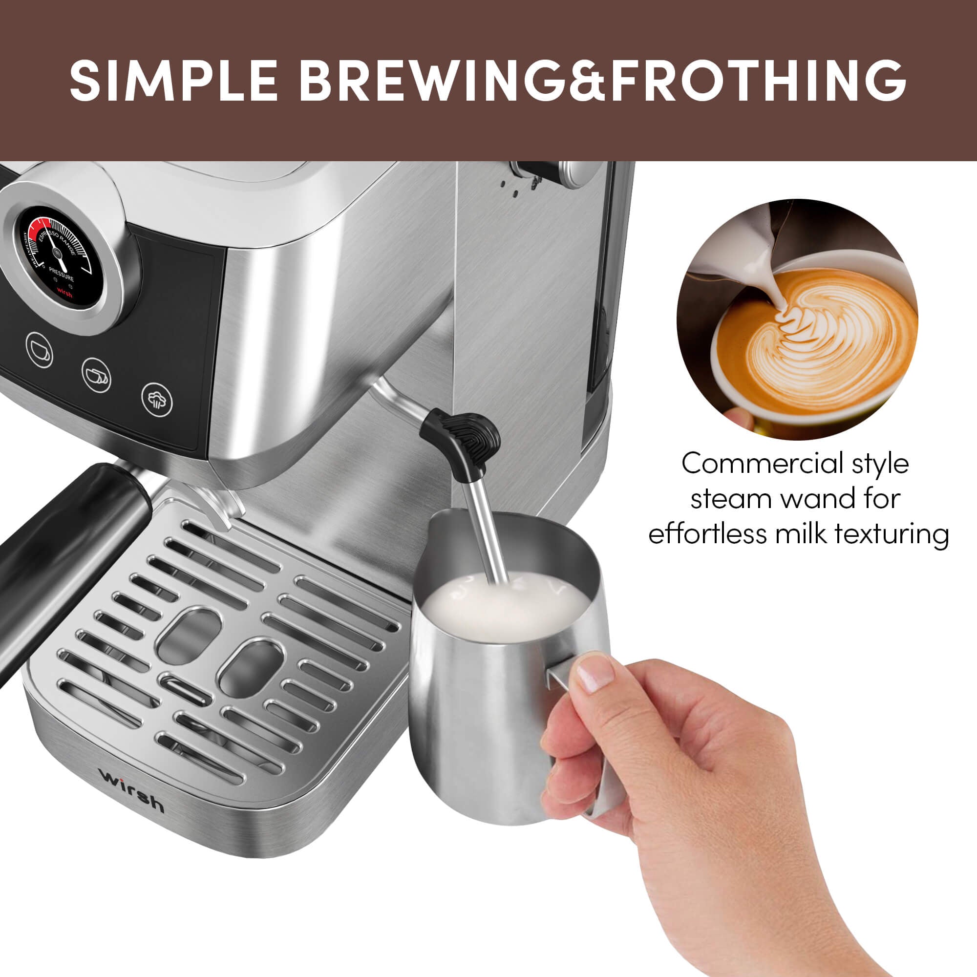 Wirsh 20 Bar Espresso Machine with Plastic Free Portafilter and Steamer, Pressure Gauge, Touch Screen, Full Stainless Steel (Home Barista Plus) - thewrightstore