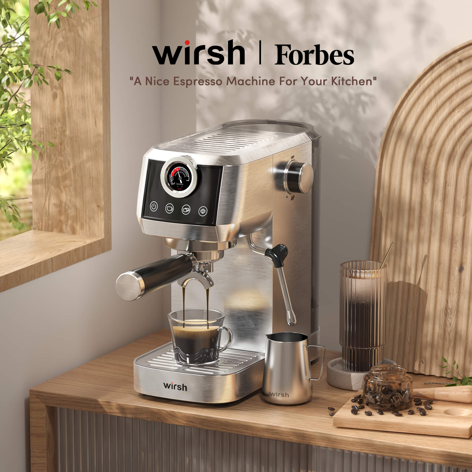 Wirsh 20 Bar Espresso Machine with Plastic Free Portafilter and Steamer, Pressure Gauge, Touch Screen, Full Stainless Steel (Home Barista Plus) - thewrightstore