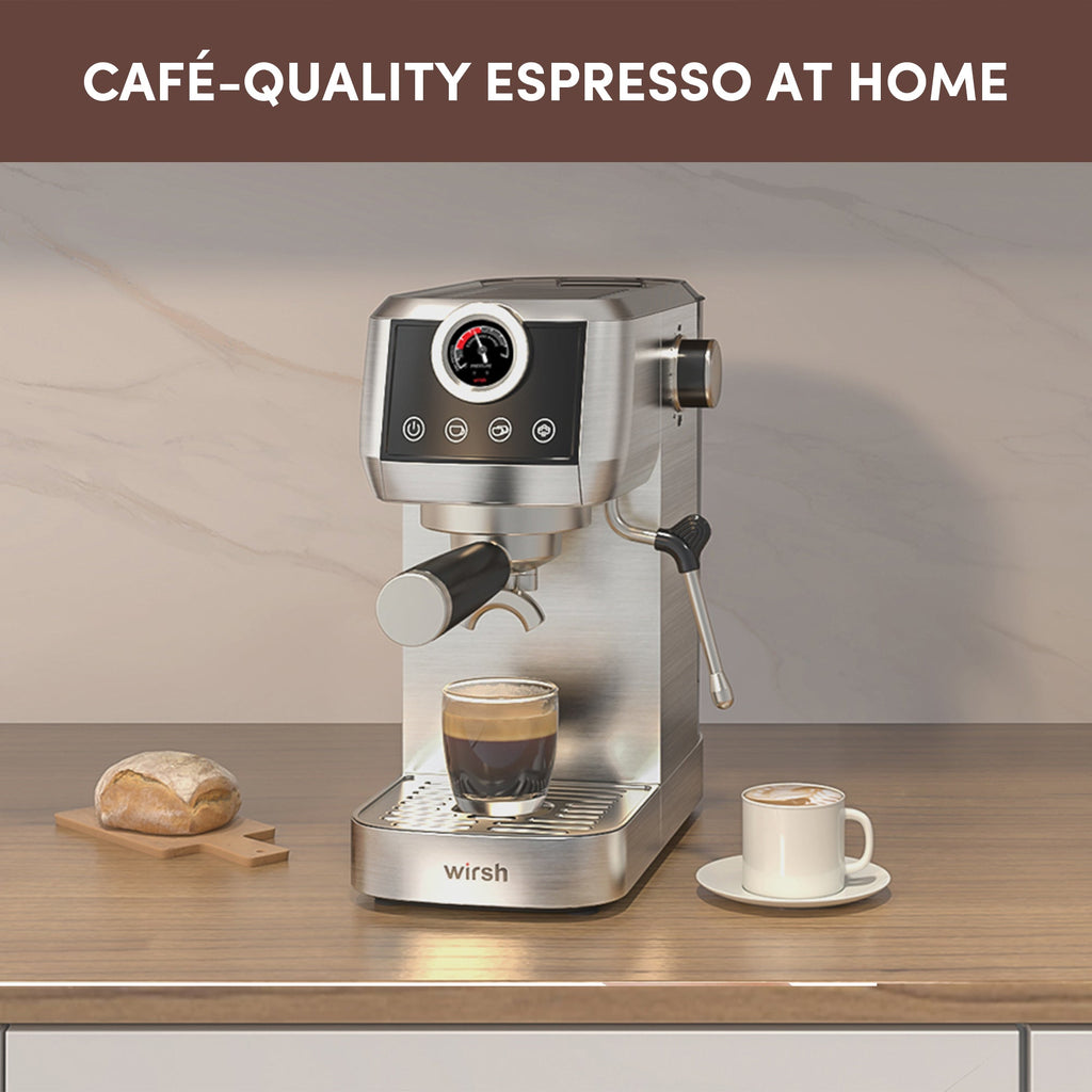 Wirsh 20 Bar Espresso Machine with Plastic Free Portafilter and Steamer, Pressure Gauge, Touch Screen, Full Stainless Steel (Home Barista Plus) - thewrightstore