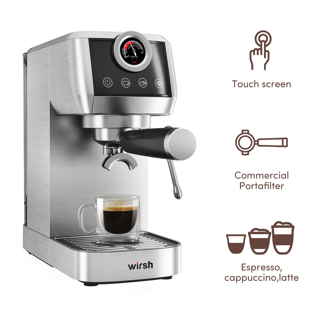 Wirsh 20 Bar Espresso Machine with Plastic Free Portafilter and Steamer, Pressure Gauge, Touch Screen, Full Stainless Steel (Home Barista Plus) - thewrightstore