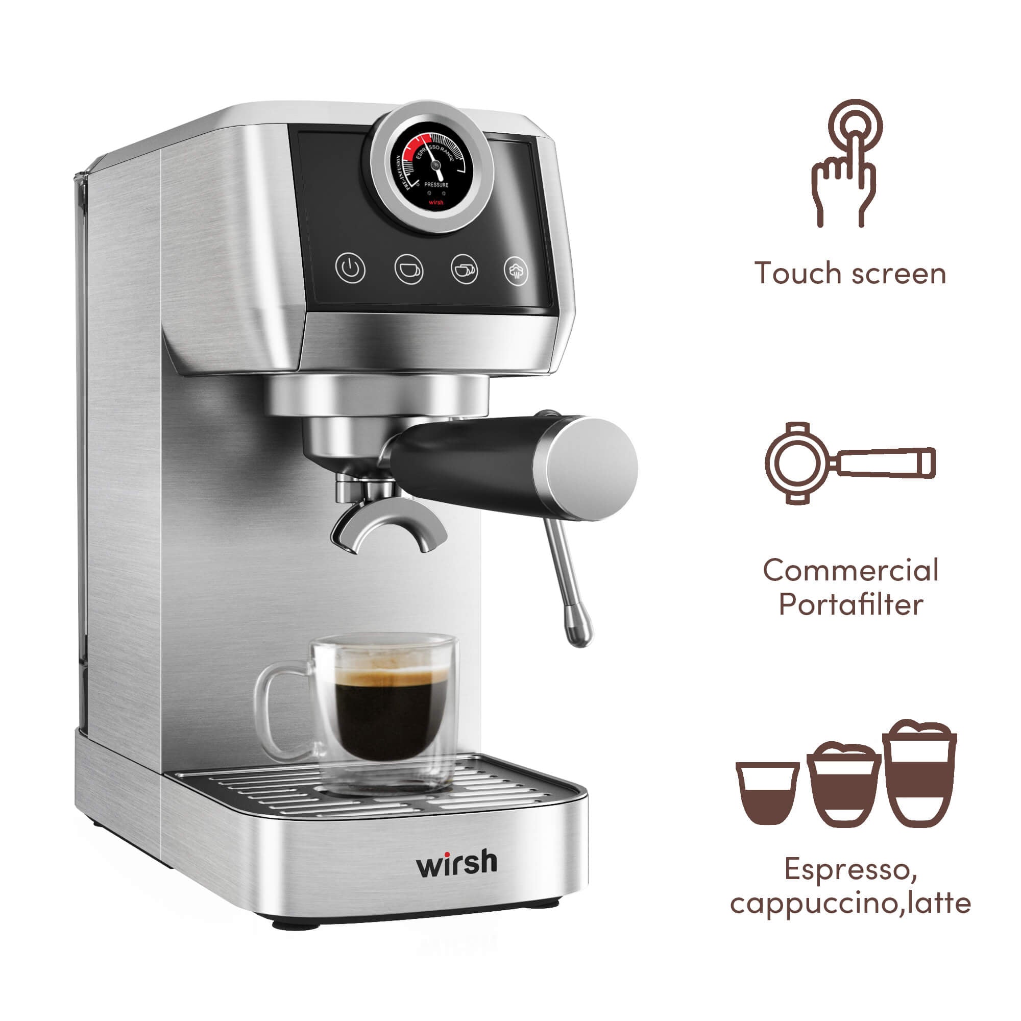 Wirsh 20 Bar Espresso Machine with Plastic Free Portafilter and Steamer, Pressure Gauge, Touch Screen, Full Stainless Steel (Home Barista Plus) - thewrightstore