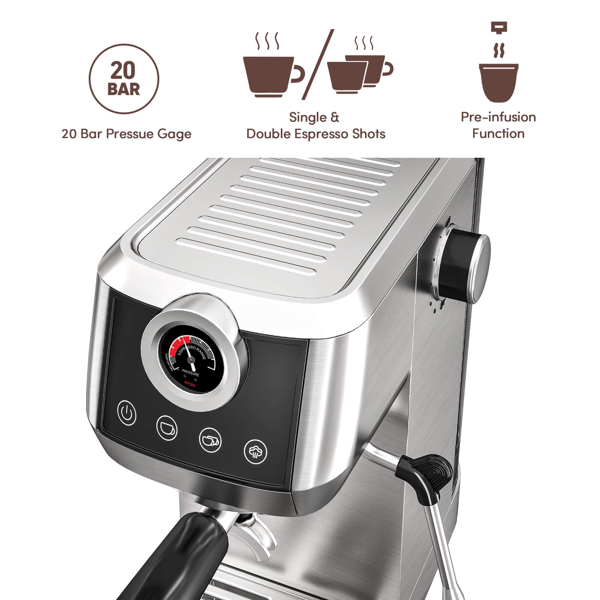 Wirsh 20 Bar Espresso Machine with Plastic Free Portafilter and Steamer, Pressure Gauge, Touch Screen, Full Stainless Steel (Home Barista Plus) - thewrightstore