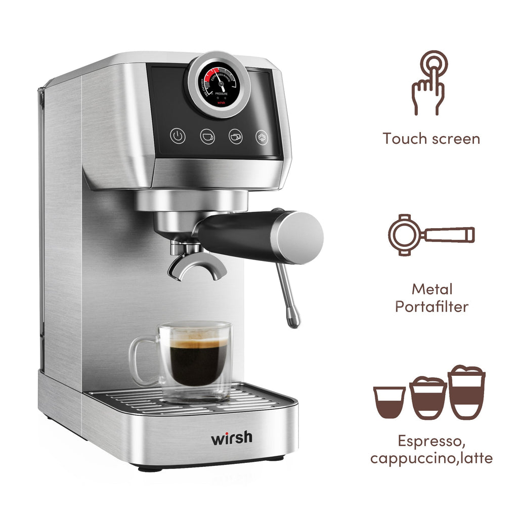 Wirsh 20 Bar Espresso Machine with Plastic Free Portafilter and Steamer, Pressure Gauge, Touch Screen, Full Stainless Steel (Home Barista Plus) - thewrightstore