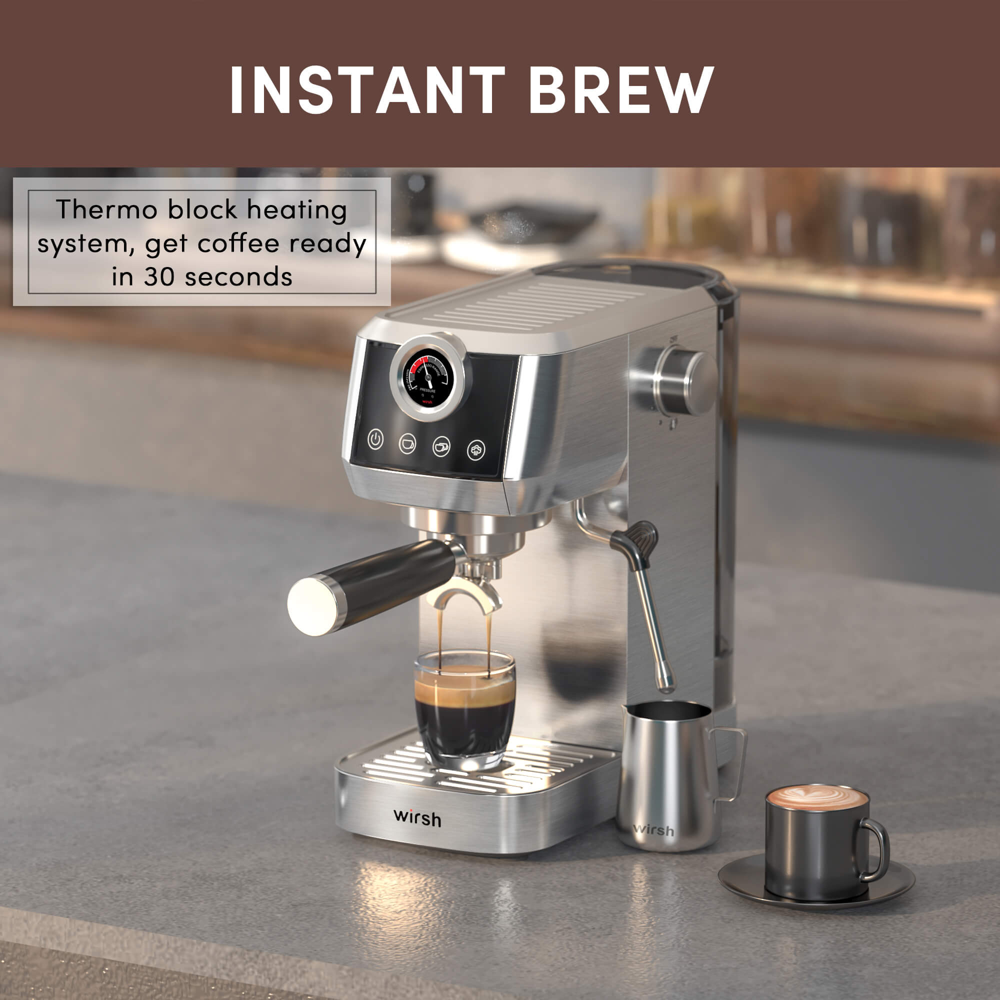 Wirsh 20 Bar Espresso Machine with Plastic Free Portafilter and Steamer, Pressure Gauge, Touch Screen, Full Stainless Steel (Home Barista Plus) - thewrightstore